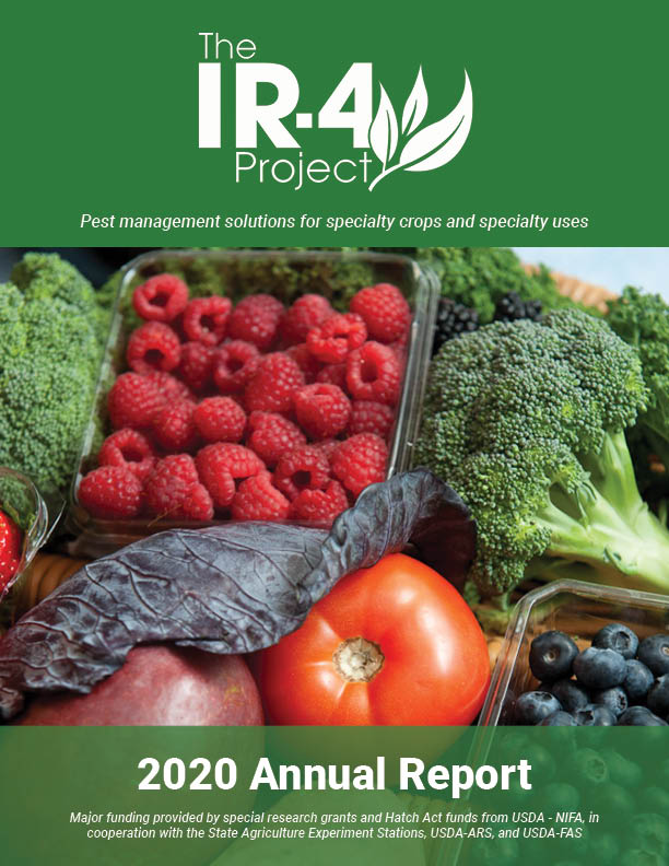 Cover of the IR-4 Project 2020 annual report featuring an image showing various fruits and vegetables, including raspberries, broccoli, a tomato, blueberries and a potato.