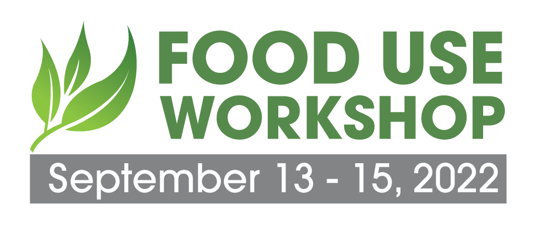 Graphic with a green leaf on the left side and the text "Food Use Workshop" in green, with "September 13-15, 2022" in white lettering in a gray box