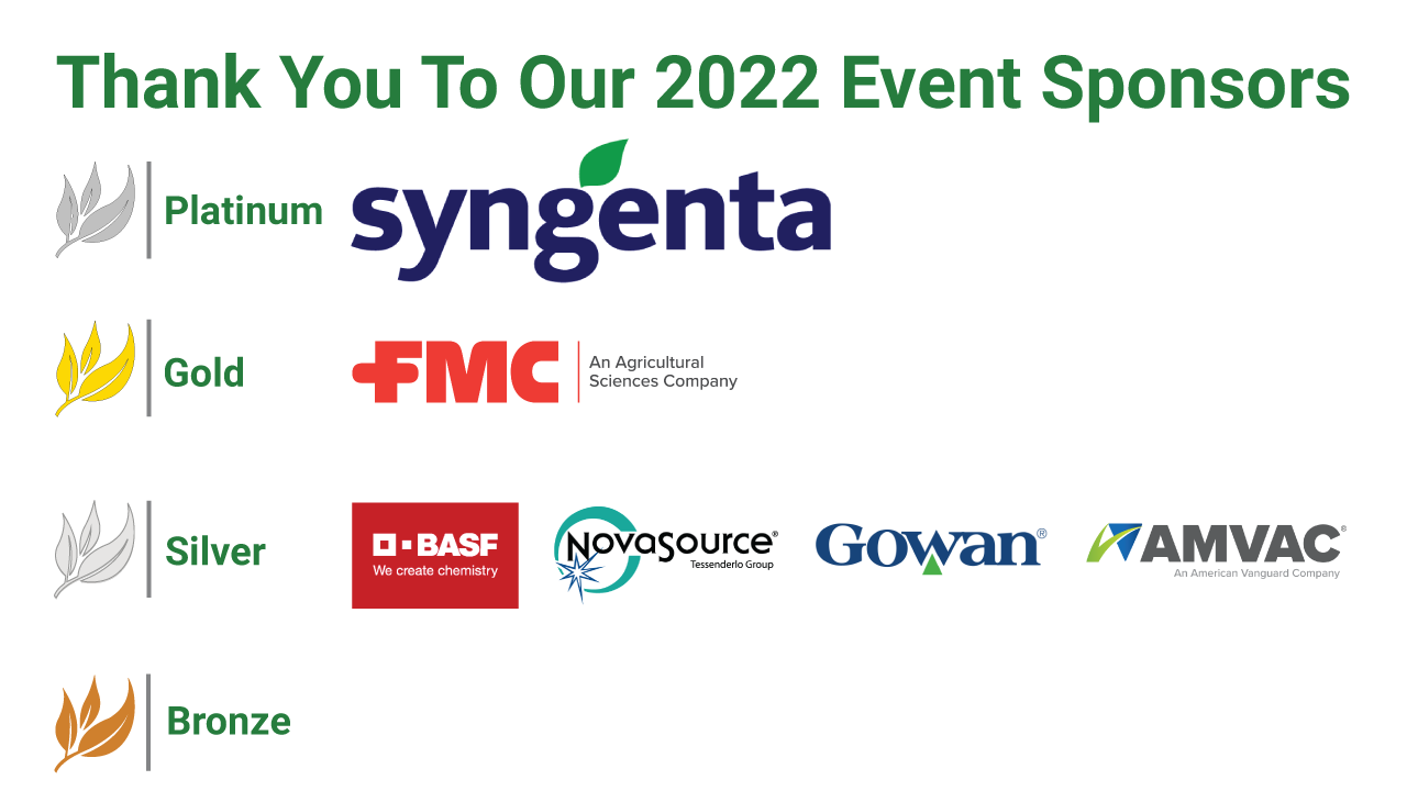 Image states "Thank you to our 2022 Event Sponsors" and includes a row for each of the following categories of sponsors: Platinum, Gold, Silver, and Bronze. Next to Gold is the logo for FMC. Next to Silver are the logos for Syngenta, FMC, BASF, NovoSource, Gowan, and AMVAC.