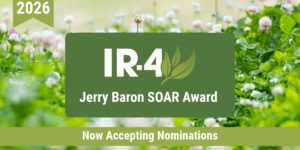 2026_SOAR_Nomination_Graphic Graphic showing that IR-4's 2026 Jerry Baron SOAR Award is now accepting nominations. Text and logo over an image of clover.