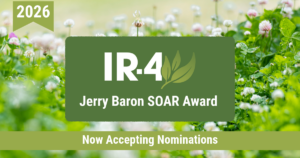 2026_SOAR_Nomination_Graphic Graphic showing that IR-4's 2026 Jerry Baron SOAR Award is now accepting nominations. Text and logo over an image of clover.